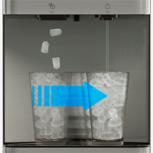 A refrigerator ice and water dispenser with two glasses; ice cubes are falling into the left glass, a blue arrow points to the right glass filled with ice and water is being dispensed into it.